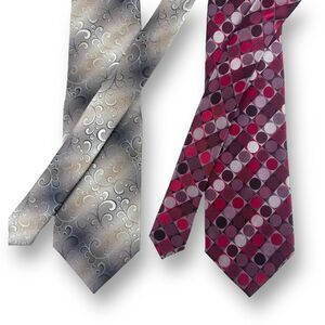 Van Heusen Men's Necktie Set Gray Baroque And Red‎ Purple Mixed Media Dot 2 Pack